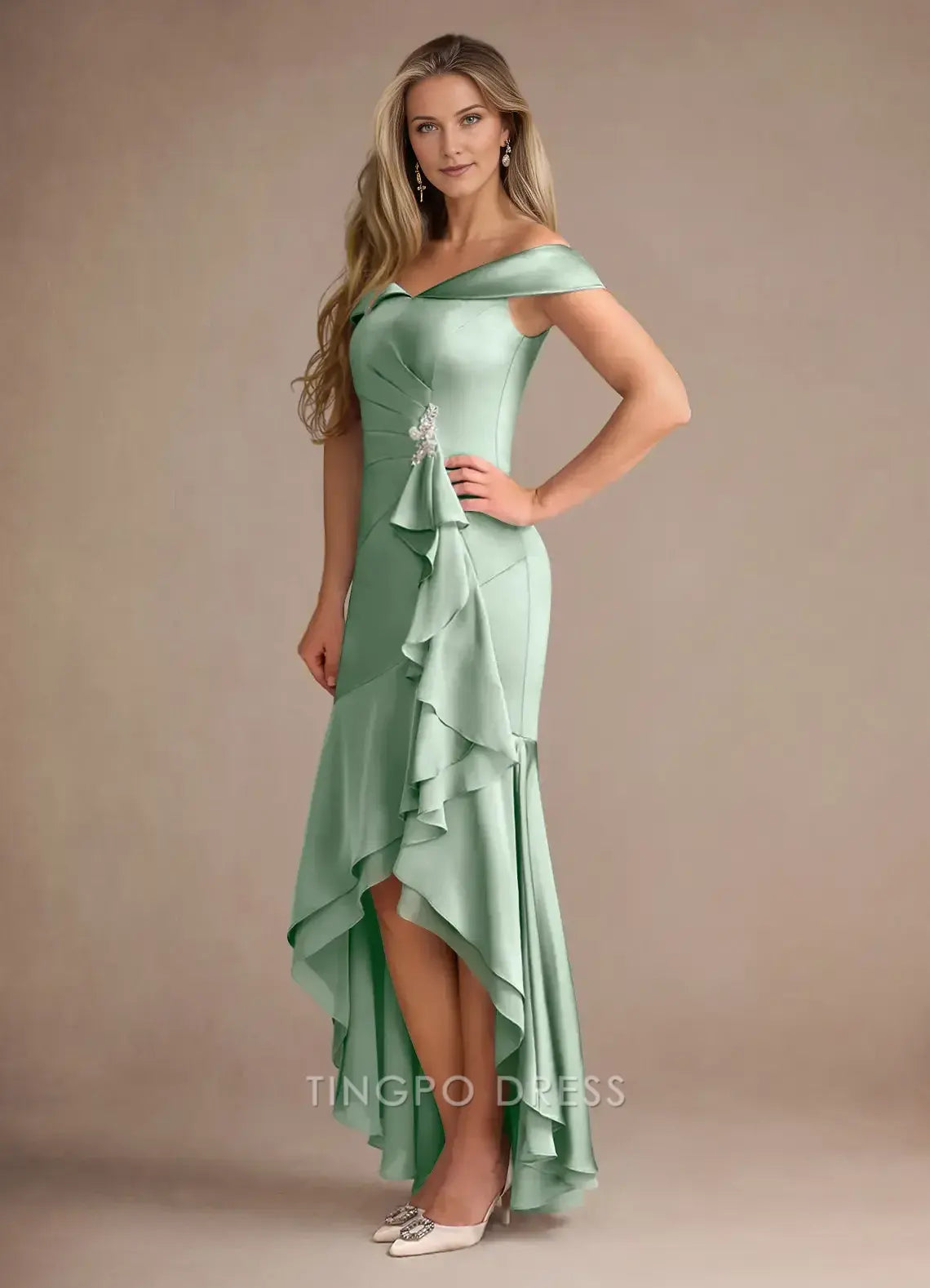 TingPo Wholesale Elegant Mother of the Bride Agave Mermaid Off the Shoulder Stretch Satin Dress hot sale for ladies