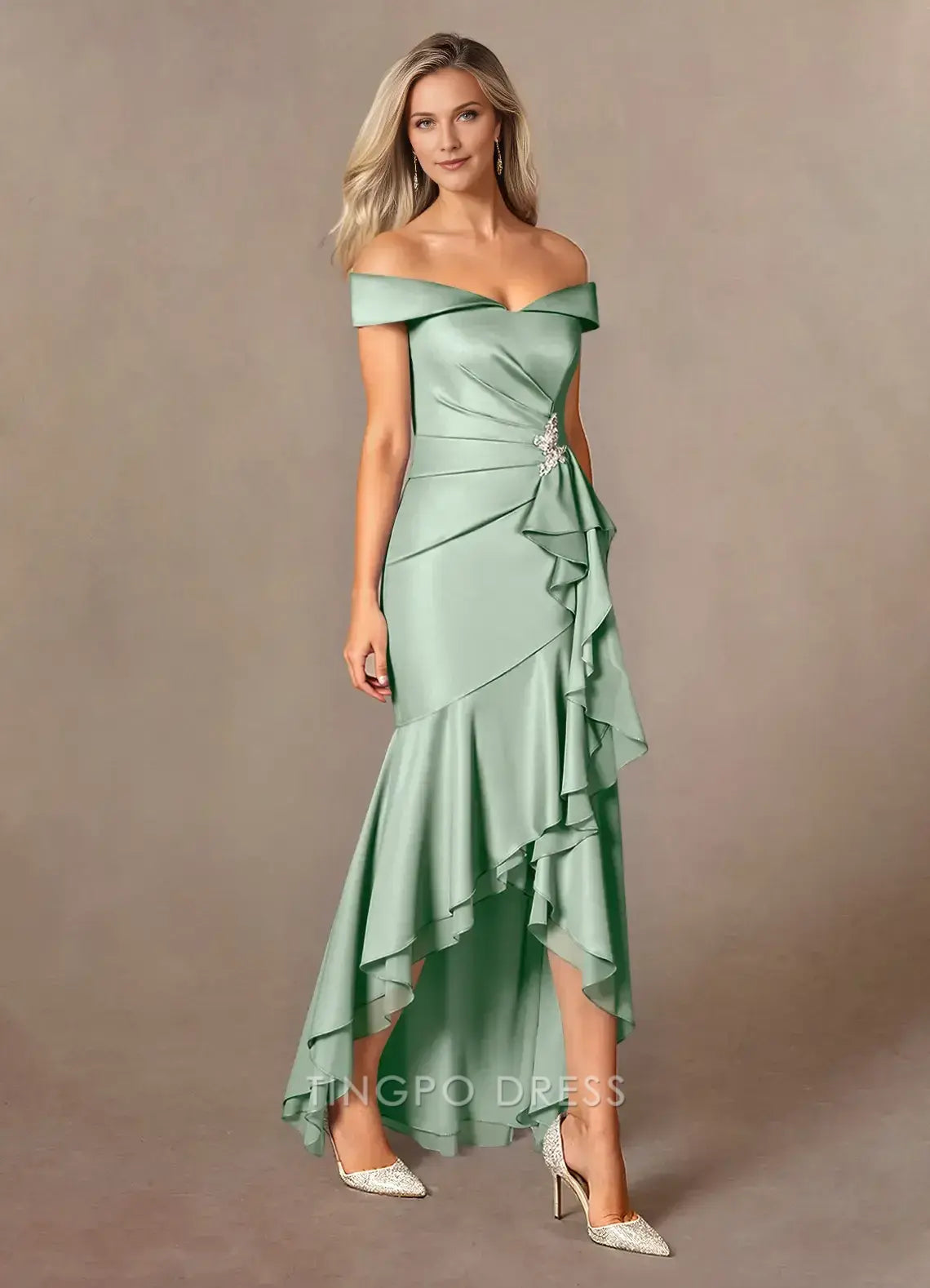 TingPo Wholesale Elegant Mother of the Bride Agave Mermaid Off the Shoulder Stretch Satin Dress hot sale for ladies