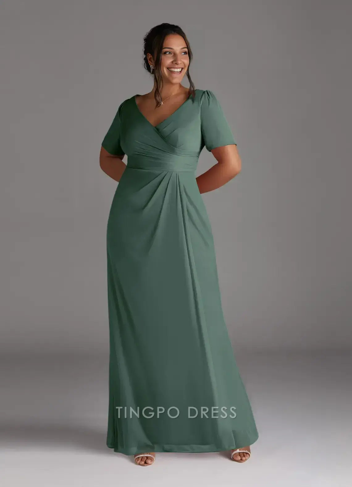 TingPo Wholesale Elegant Mother of the Bride Plus Size Eucalyptus A-Line Pleated Mesh Dress hot sale for ladies