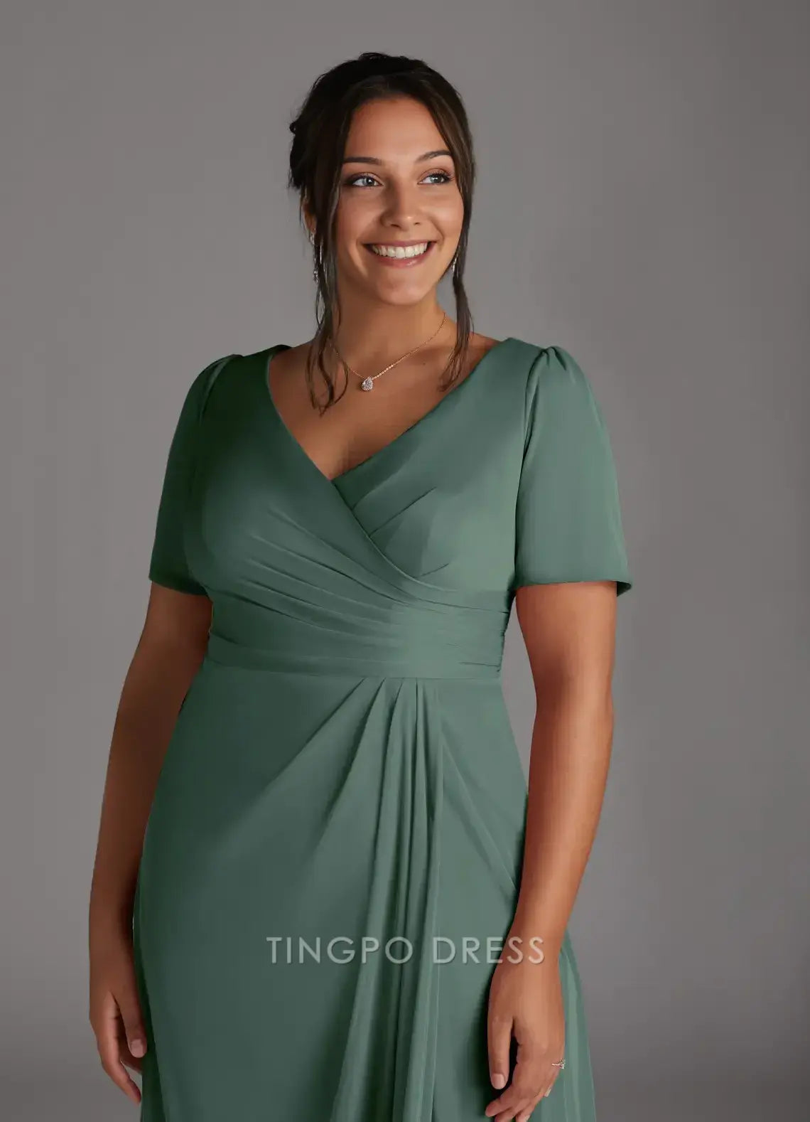 TingPo Wholesale Elegant Mother of the Bride Plus Size Eucalyptus A-Line Pleated Mesh Dress hot sale for ladies