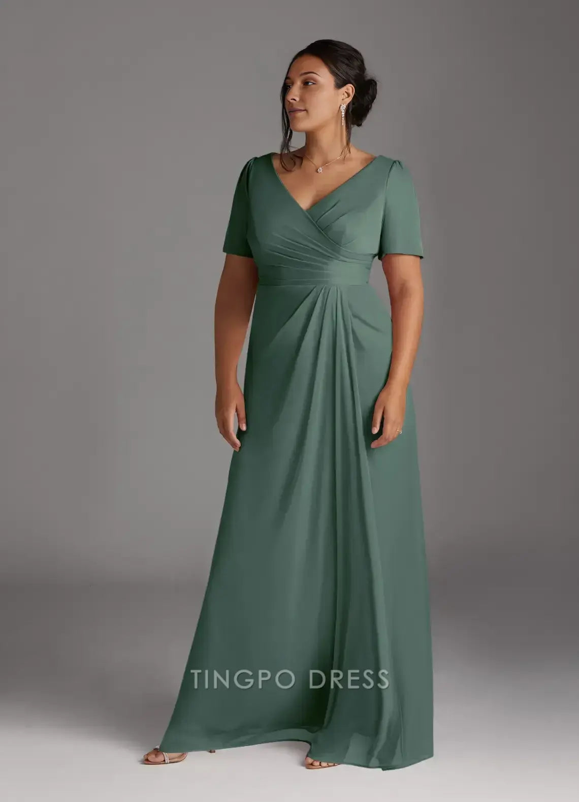 TingPo Wholesale Elegant Mother of the Bride Plus Size Eucalyptus A-Line Pleated Mesh Dress hot sale for ladies