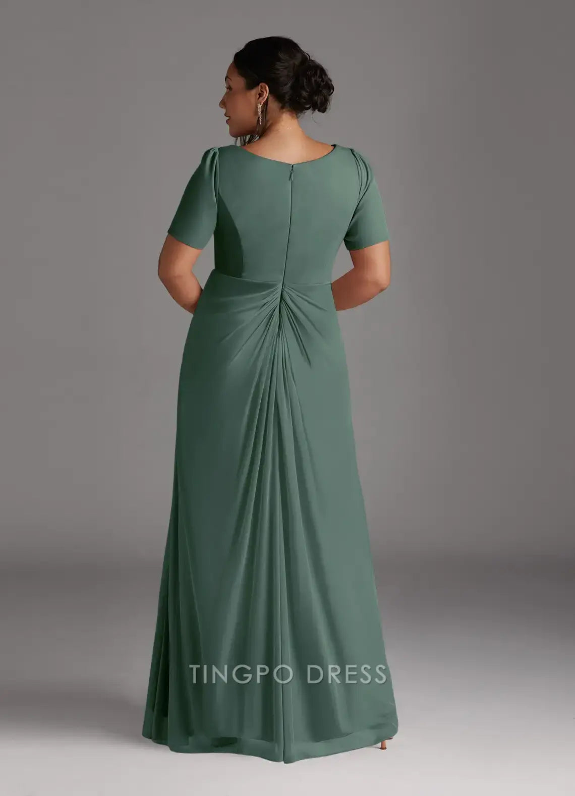 TingPo Wholesale Elegant Mother of the Bride Plus Size Eucalyptus A-Line Pleated Mesh Dress hot sale for ladies