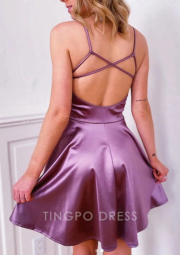 TingPo Wholesale Elegant Open Back Charmeuse A-line Short Homecoming Dress with V Neck