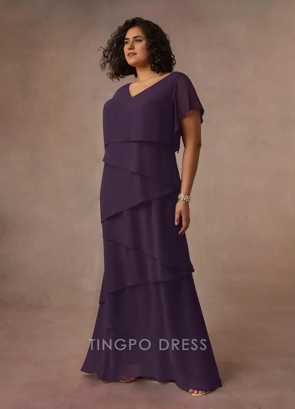 TingPo Wholesale Elegant Plus Size Mother of the Bride Dresses A-Line V-Neck Fit and Flare Skirt Chiffon Dress hot sale for ladies
