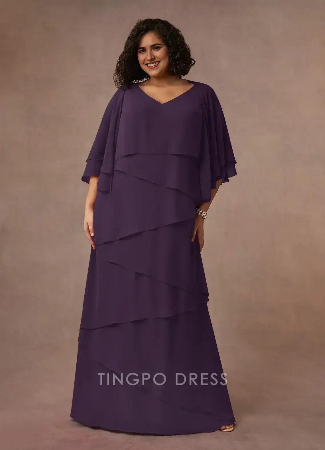 TingPo Wholesale Elegant Plus Size Mother of the Bride Dresses A-Line V-Neck Fit and Flare Skirt Chiffon Dress hot sale for ladies