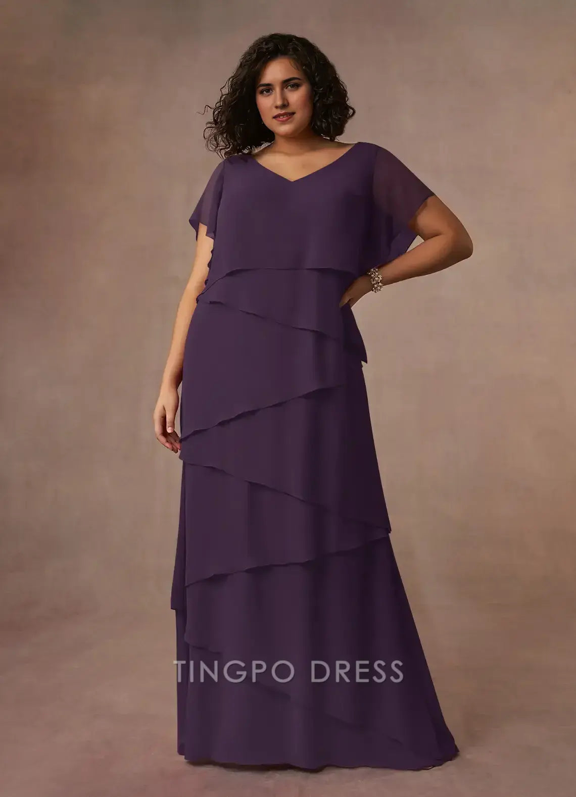 TingPo Wholesale Elegant Plus Size Mother of the Bride Dresses A-Line V-Neck Fit and Flare Skirt Chiffon Dress hot sale for ladies