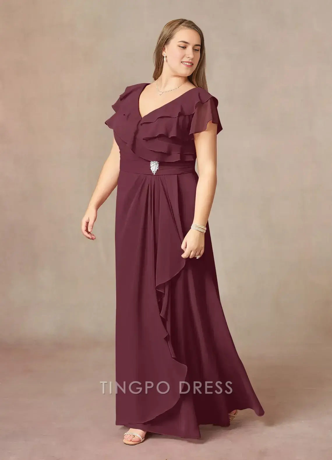 TingPo Wholesale Elegant Plus Size Mother of the Bride Dresses Cabernet A-Line V-Neck Ruched Chiffon Dress hot sale for ladies