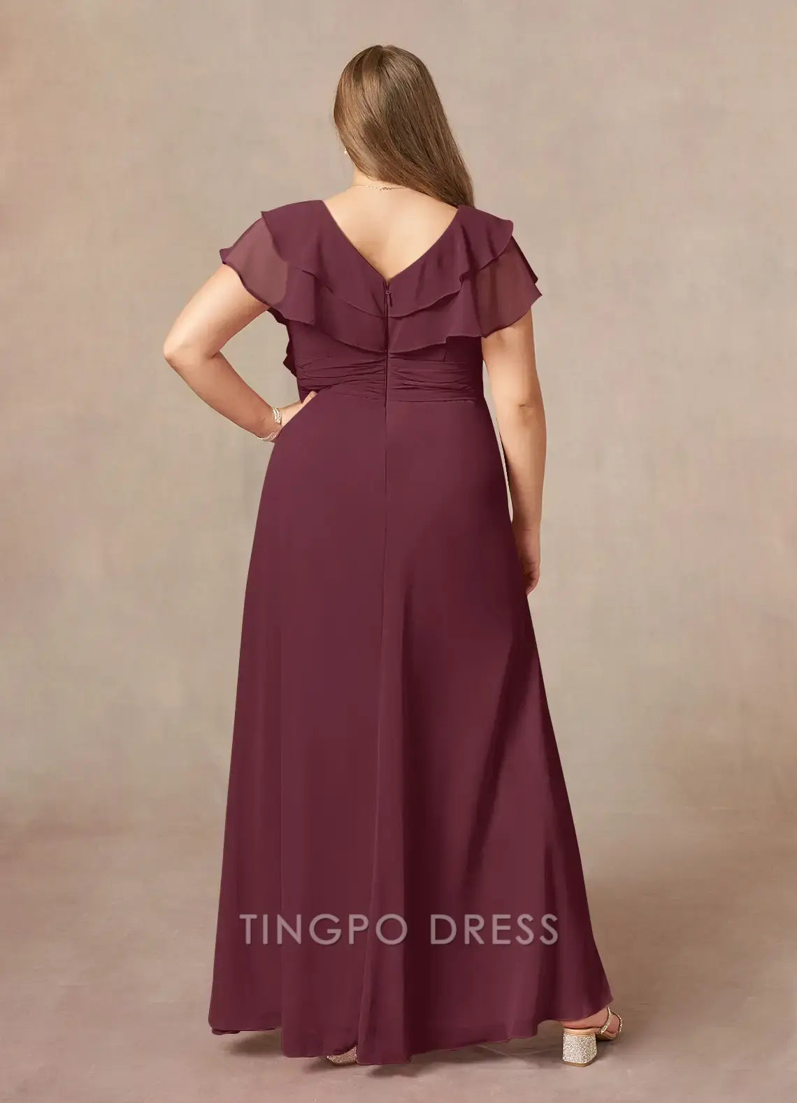 TingPo Wholesale Elegant Plus Size Mother of the Bride Dresses Cabernet A-Line V-Neck Ruched Chiffon Dress hot sale for ladies