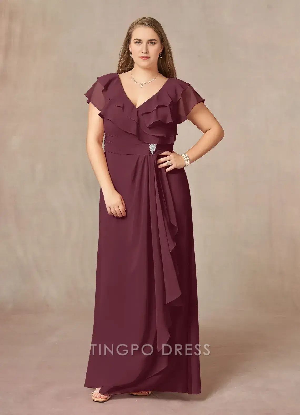TingPo Wholesale Elegant Plus Size Mother of the Bride Dresses Cabernet A-Line V-Neck Ruched Chiffon Dress hot sale for ladies