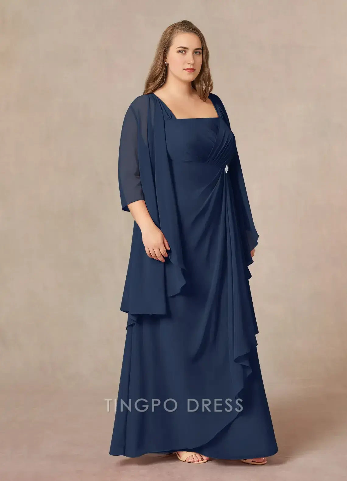 TingPo Wholesale Elegant Plus Size Mother of the Bride Dresses Dark Navy A-Line Square Neckline Pleated Chiffon Dress hot sale for ladies