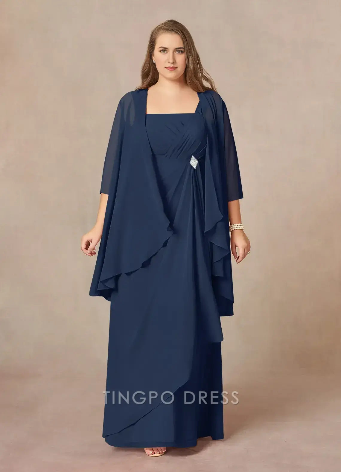 TingPo Wholesale Elegant Plus Size Mother of the Bride Dresses Dark Navy A-Line Square Neckline Pleated Chiffon Dress hot sale for ladies