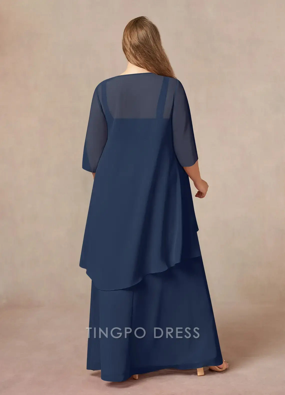 TingPo Wholesale Elegant Plus Size Mother of the Bride Dresses Dark Navy A-Line Square Neckline Pleated Chiffon Dress hot sale for ladies