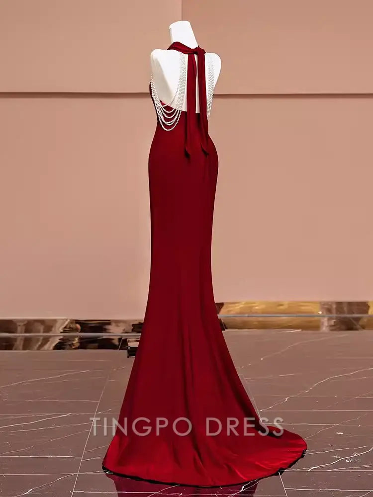 TingPo Wholesale Mermaid Halter Burgundy Long Prom Dresses formal wear dresses