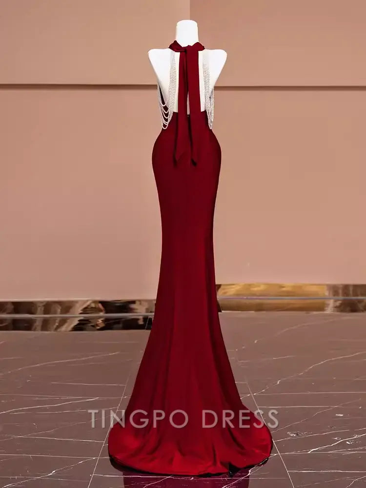 TingPo Wholesale Mermaid Halter Burgundy Long Prom Dresses formal wear dresses