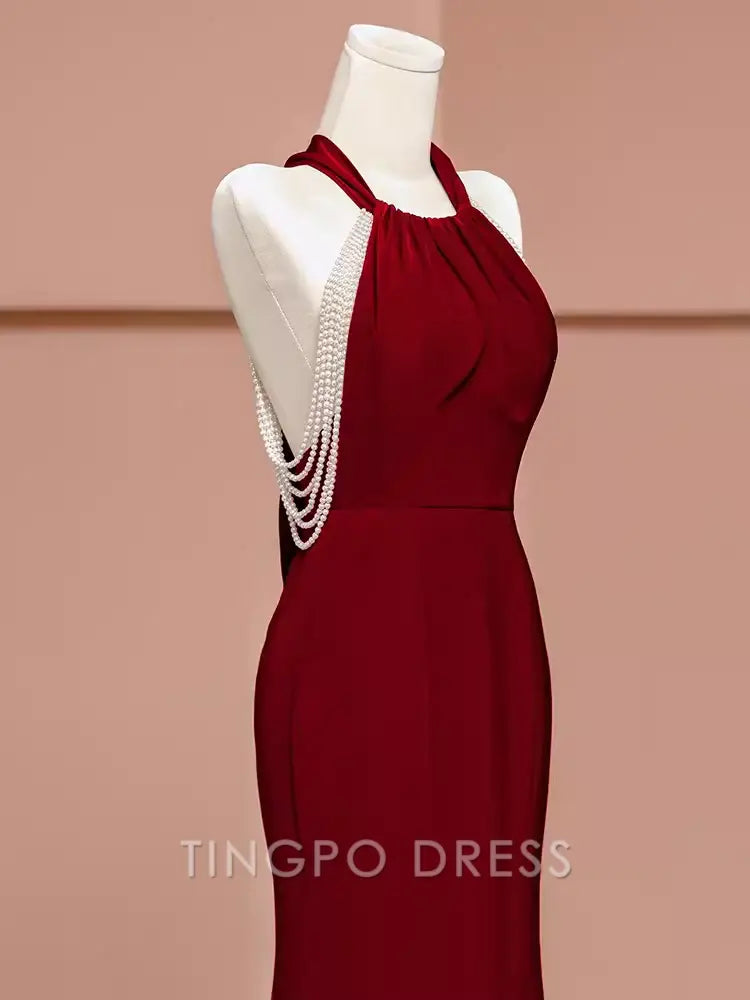 TingPo Wholesale Mermaid Halter Burgundy Long Prom Dresses formal wear dresses