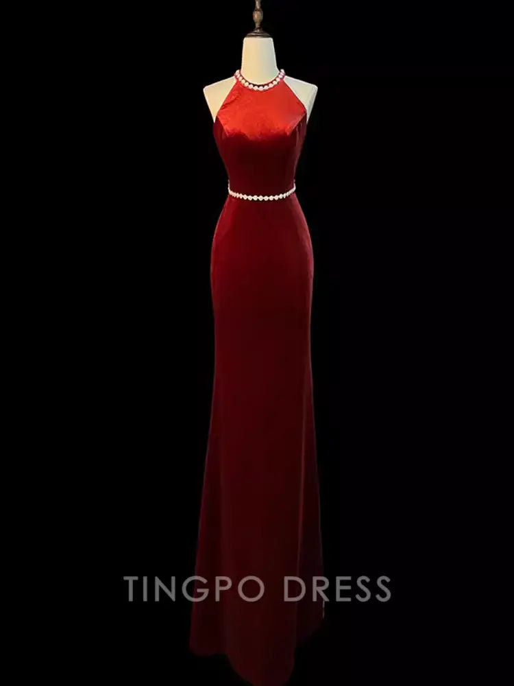 TingPo Wholesale Mermaid Halter Burgundy Long Velvet Prom Dresses formal wear dresses