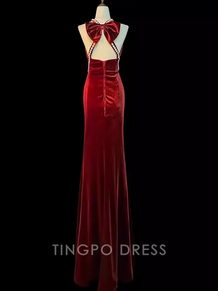TingPo Wholesale Mermaid Halter Burgundy Long Velvet Prom Dresses formal wear dresses