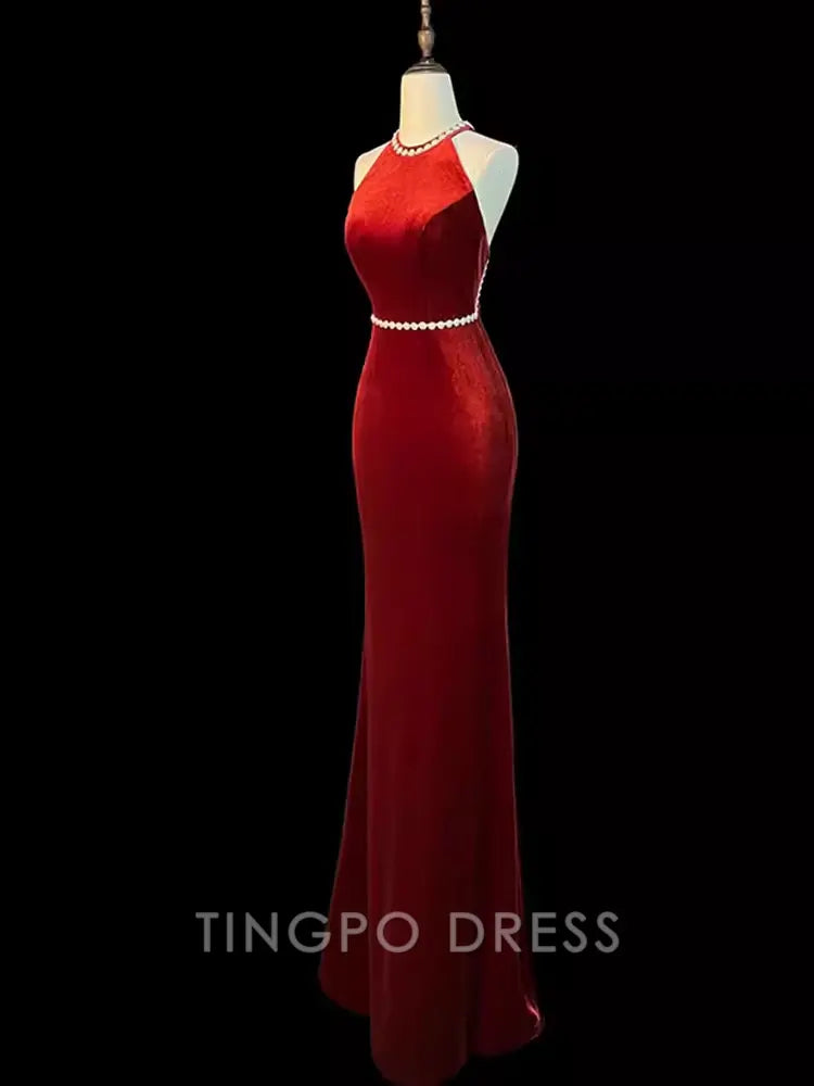 TingPo Wholesale Mermaid Halter Burgundy Long Velvet Prom Dresses formal wear dresses