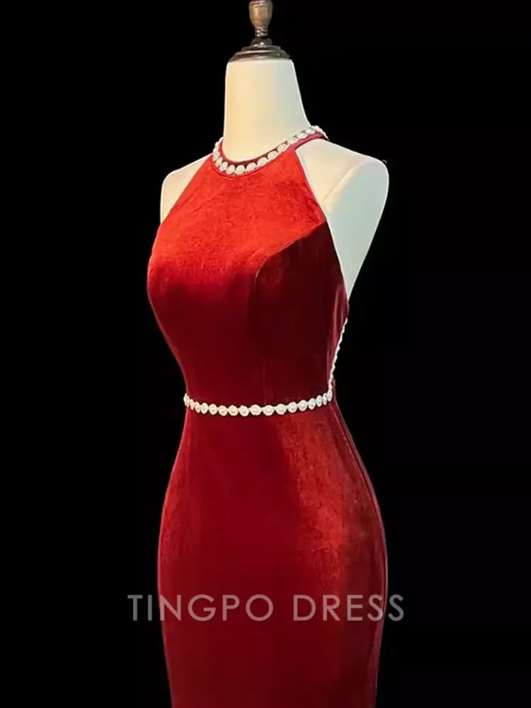 TingPo Wholesale Mermaid Halter Burgundy Long Velvet Prom Dresses formal wear dresses