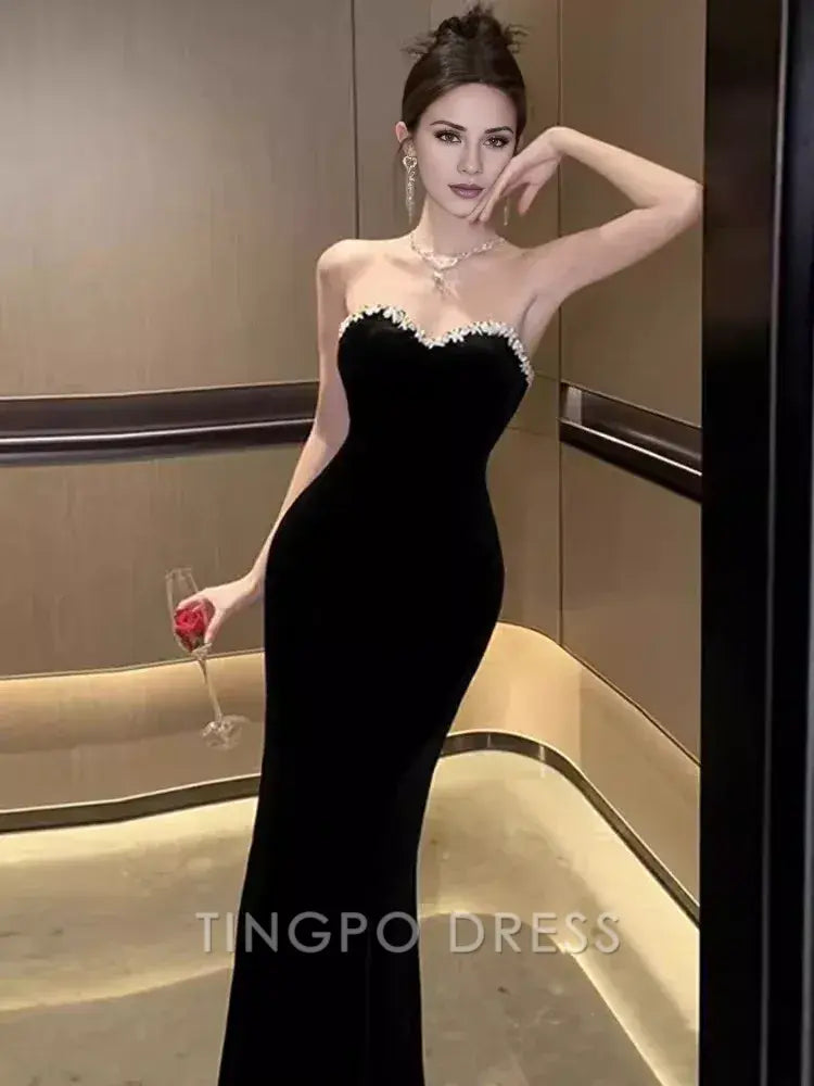 TingPo Wholesale Mermaid Sweetheart Long Black Velvet Prom Dresses formal wear dresses