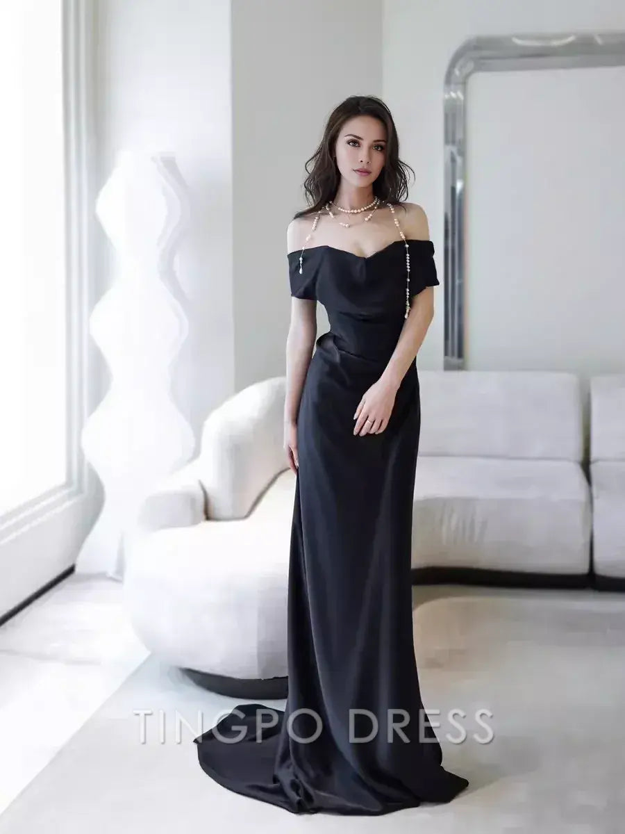 TingPo Wholesale Simple Mermaid Off The Shoulder Black Prom Dresses Evening Dress