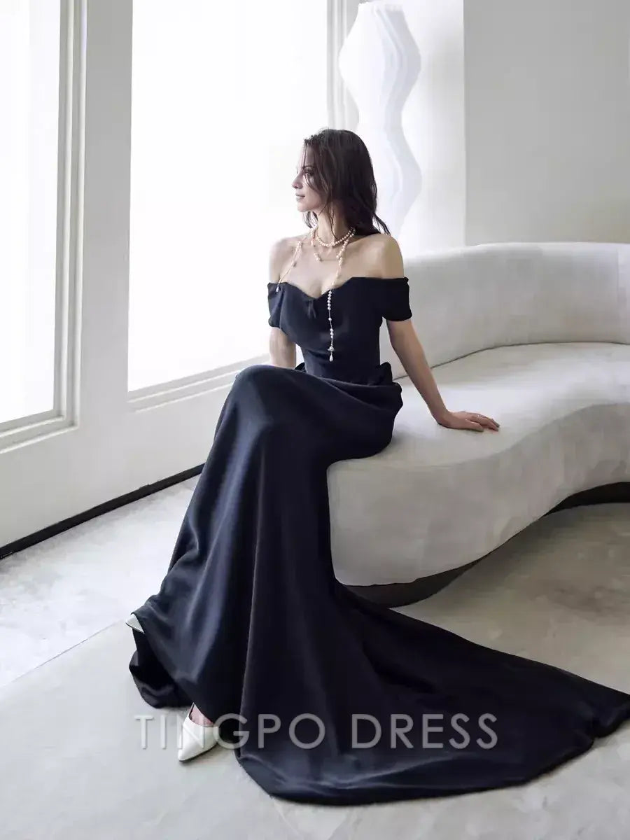 TingPo Wholesale Simple Mermaid Off The Shoulder Black Prom Dresses Evening Dress