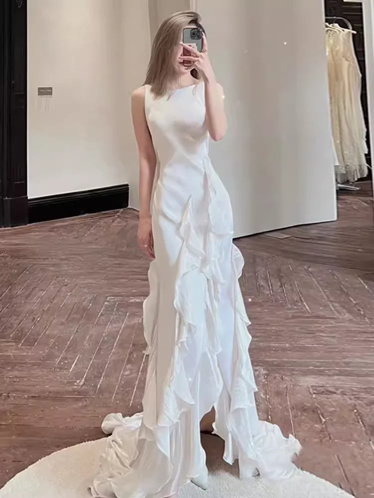 TingPo Wholesale Simple Sheath Long White Prom Dresses formal wear dresses