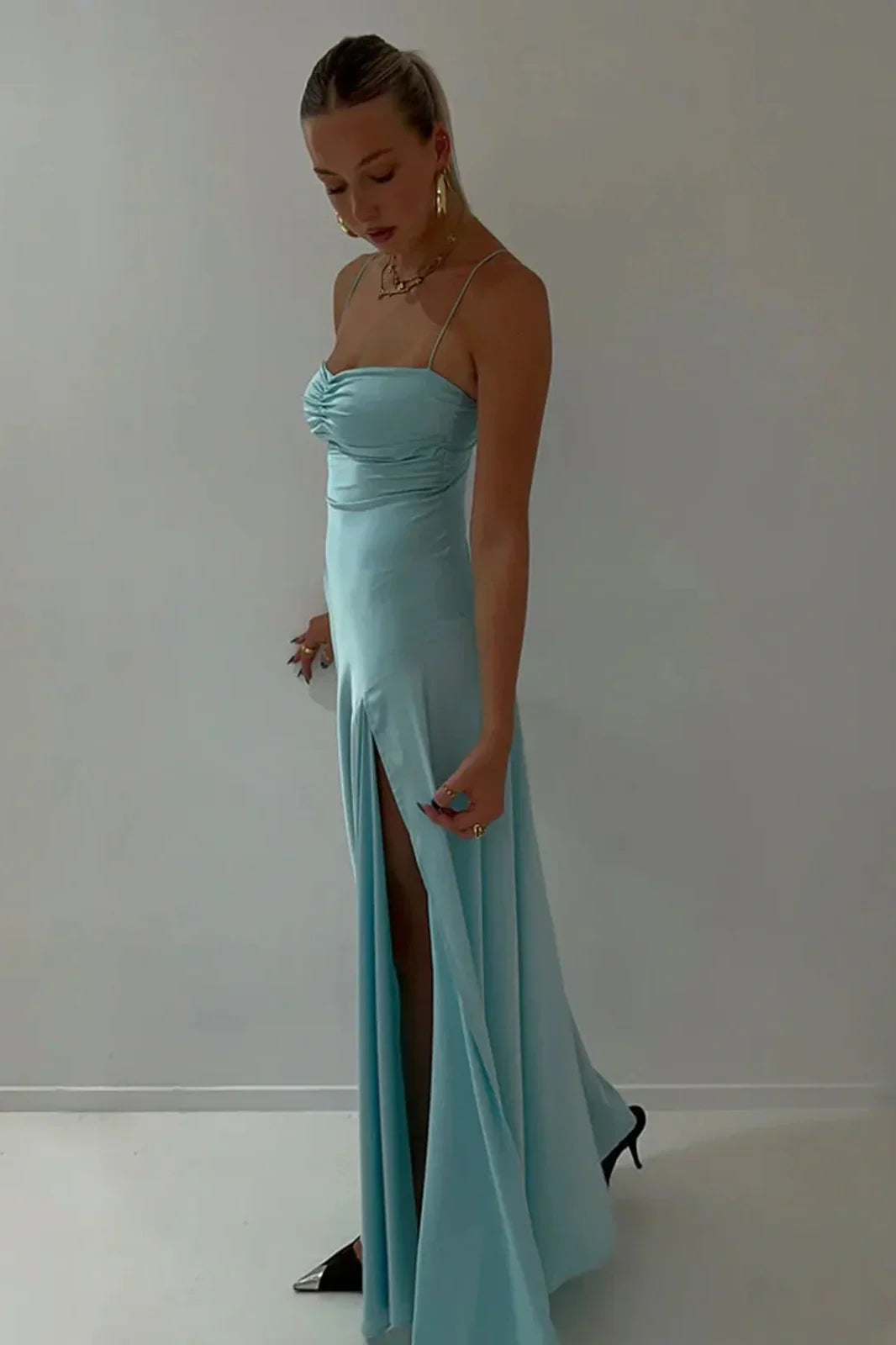 TingPo Wholesale Simple Sheath Spaghetti Straps Red Long Party Dress with Split Front