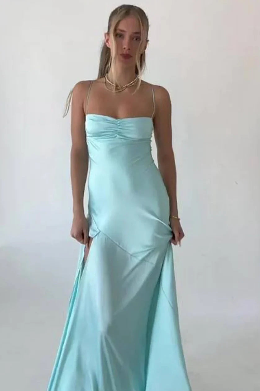 TingPo Wholesale Simple Sheath Spaghetti Straps Red Long Party Dress with Split Front