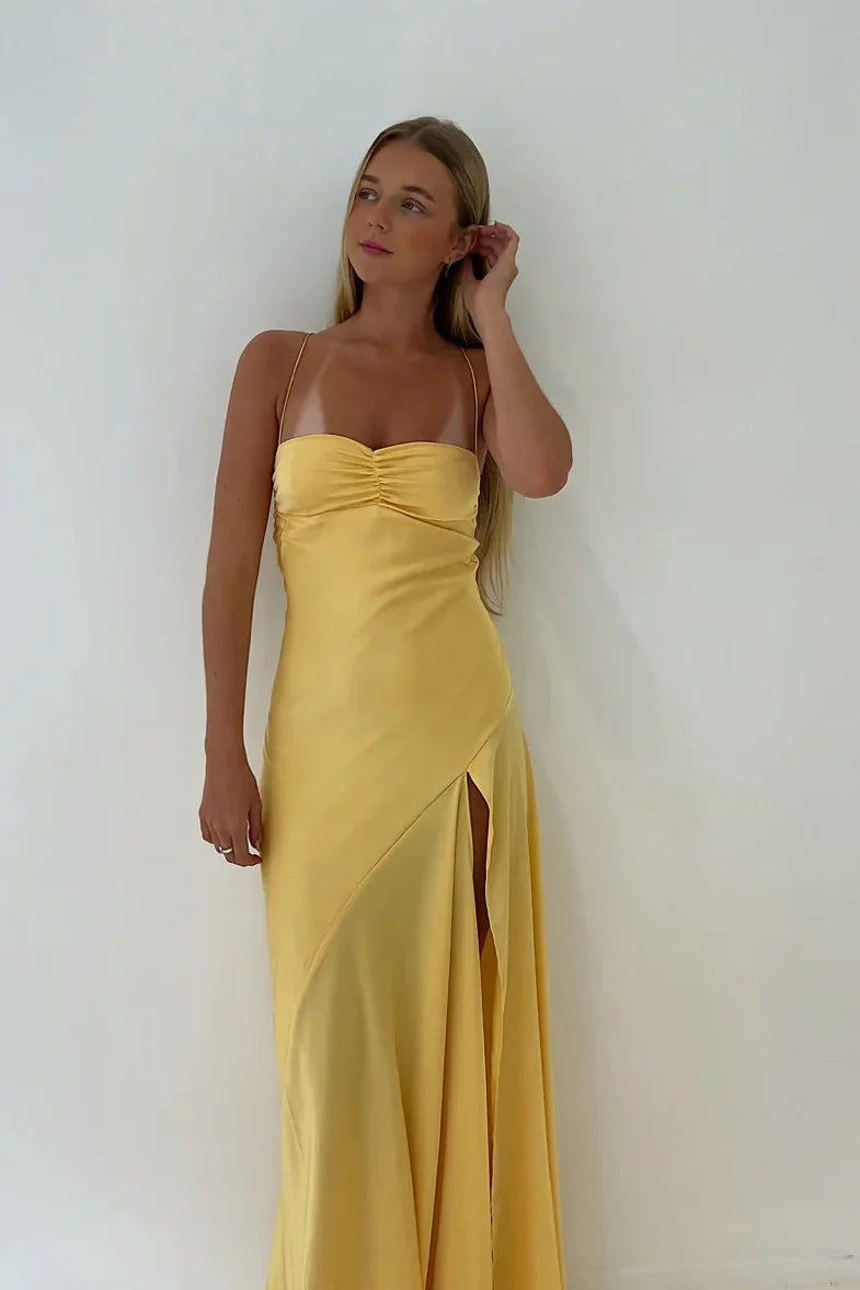 TingPo Wholesale Simple Sheath Spaghetti Straps Red Long Party Dress with Split Front