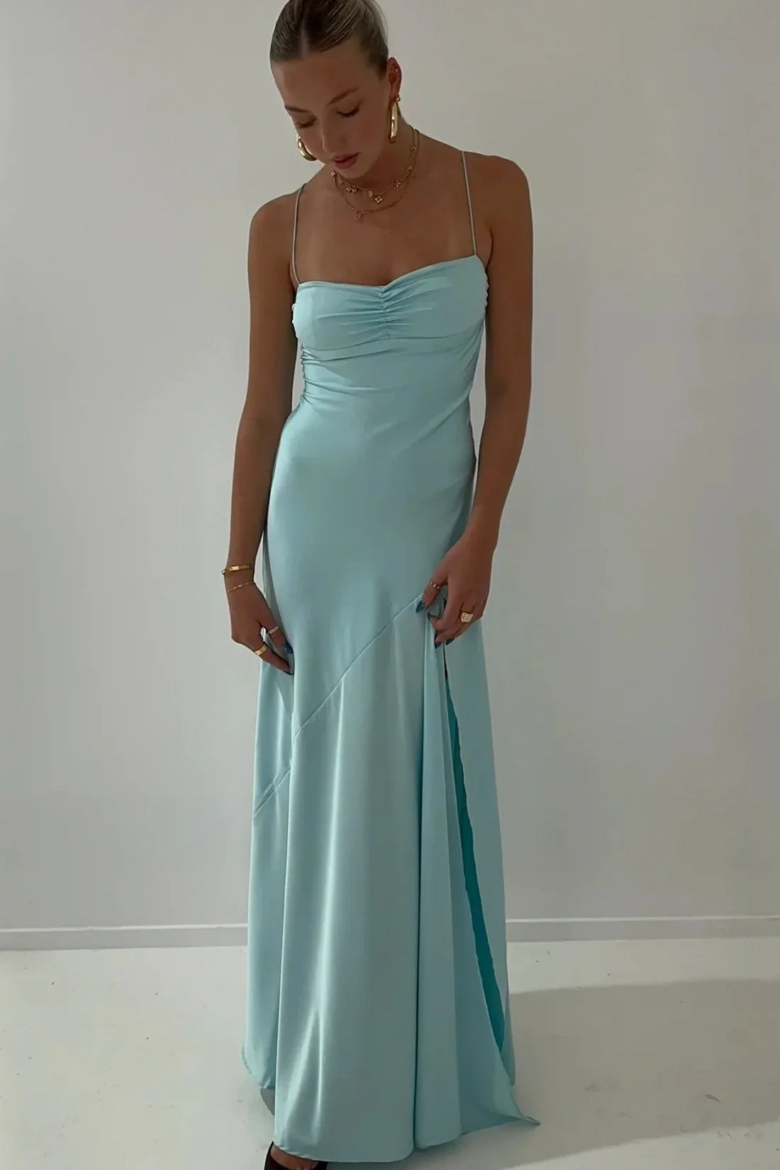 TingPo Wholesale Simple Sheath Spaghetti Straps Red Long Party Dress with Split Front