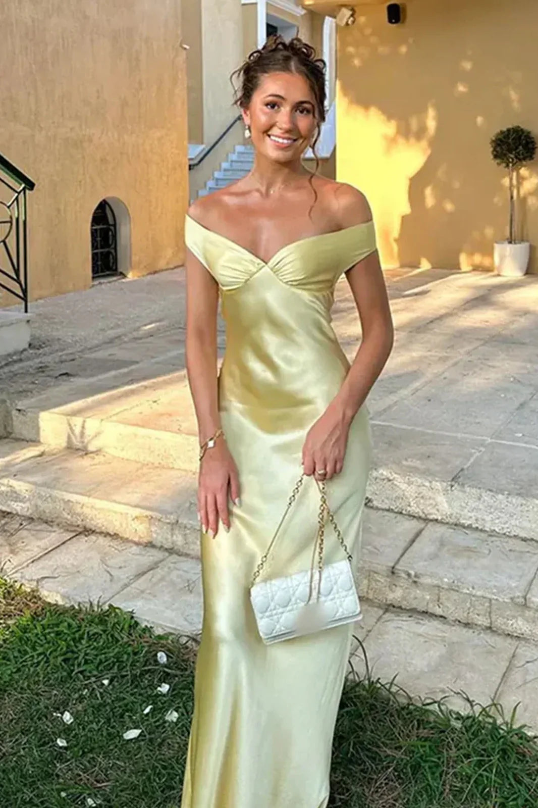 TingPo Wholesale Trendy Mermaid Off the Shoulder Yellow Long Party Dress with Open Back