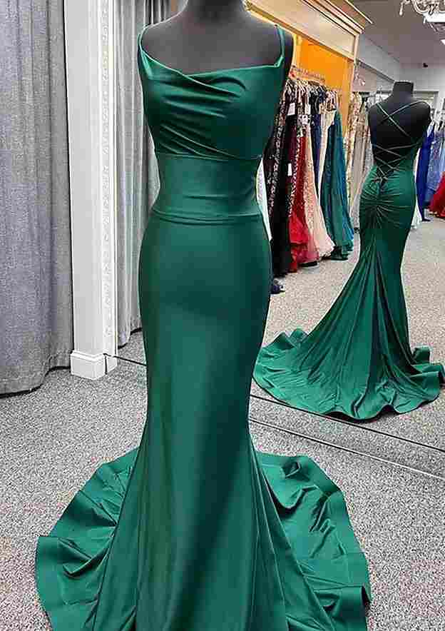 TingPo Wholesale Trumpet/Mermaid Cowl Neck Spaghetti Straps Sweep Train Jersey Prom Dress With Pleated
