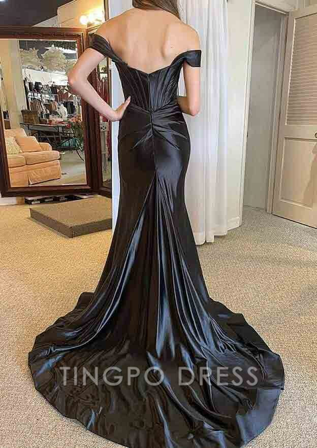 TingPo Wholesale Trumpet/Mermaid Off-the-Shoulder Regular Straps Court Train Silk like Satin Prom Dress With Pleated Split