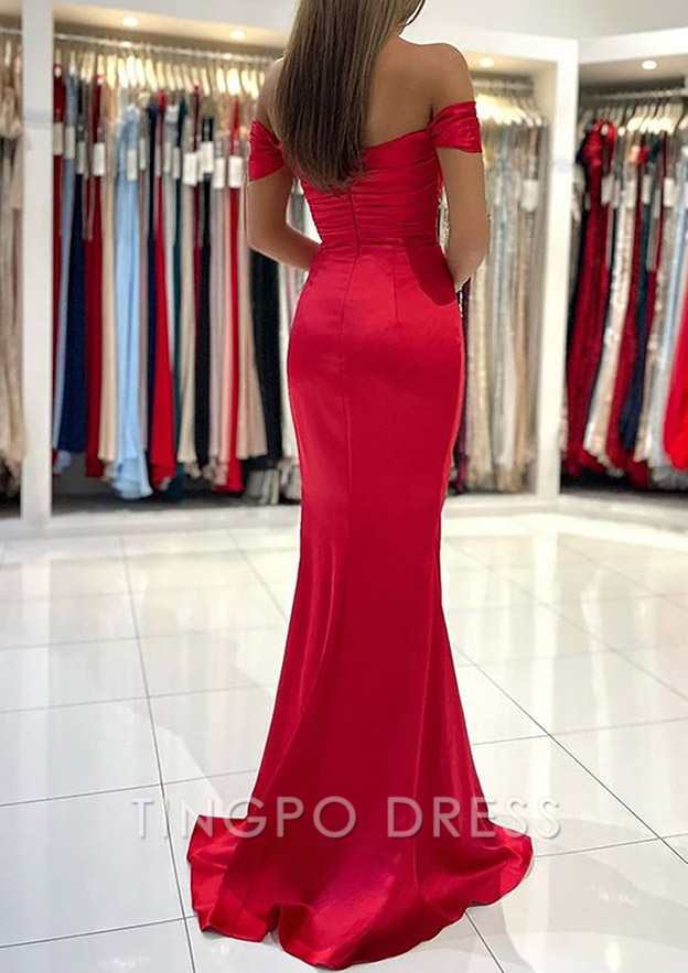 TingPo Wholesale Trumpet/Mermaid Off-the-Shoulder Short Sleeve Long/Floor-Length Satin Prom Dress With Pleated Split