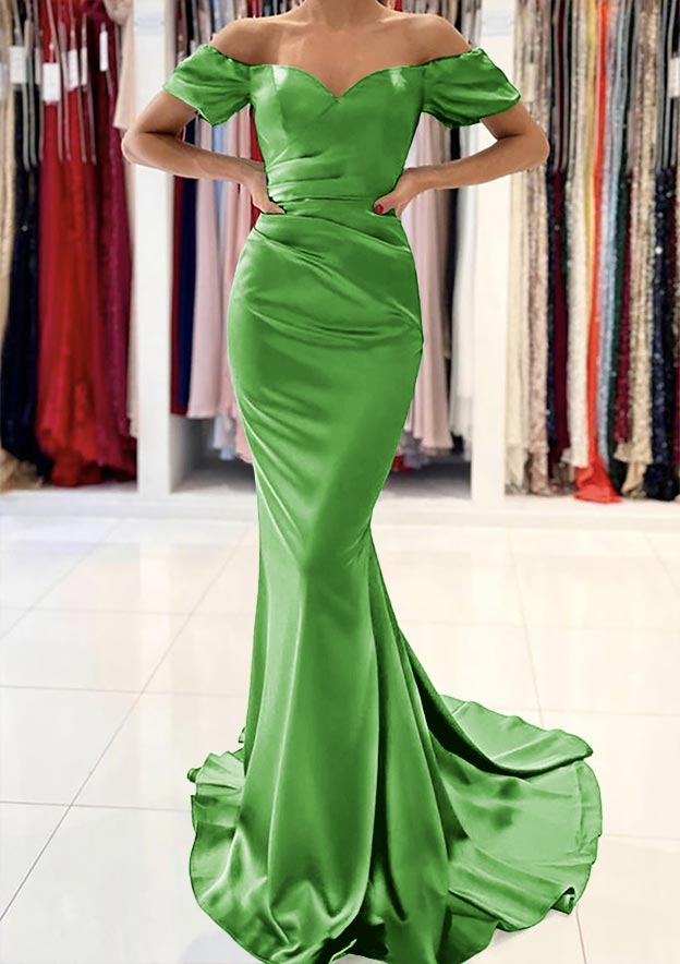 TingPo Wholesale Trumpet/Mermaid Off-the-Shoulder Short Sleeve Satin Sweep Train Prom Dress With Pleated