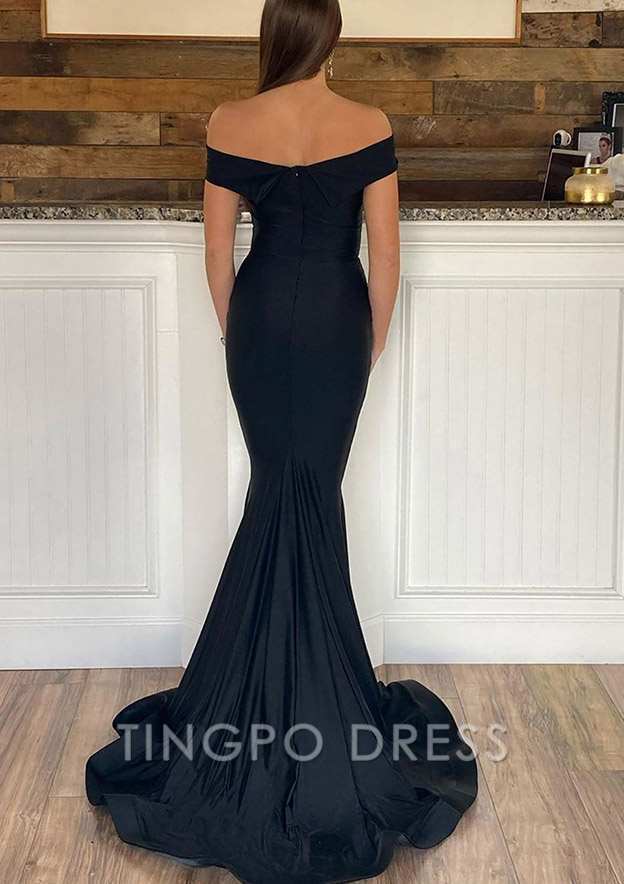 TingPo Wholesale Trumpet/Mermaid Off-the-Shoulder Short Sleeve Sweep Train Jersey Prom Dress