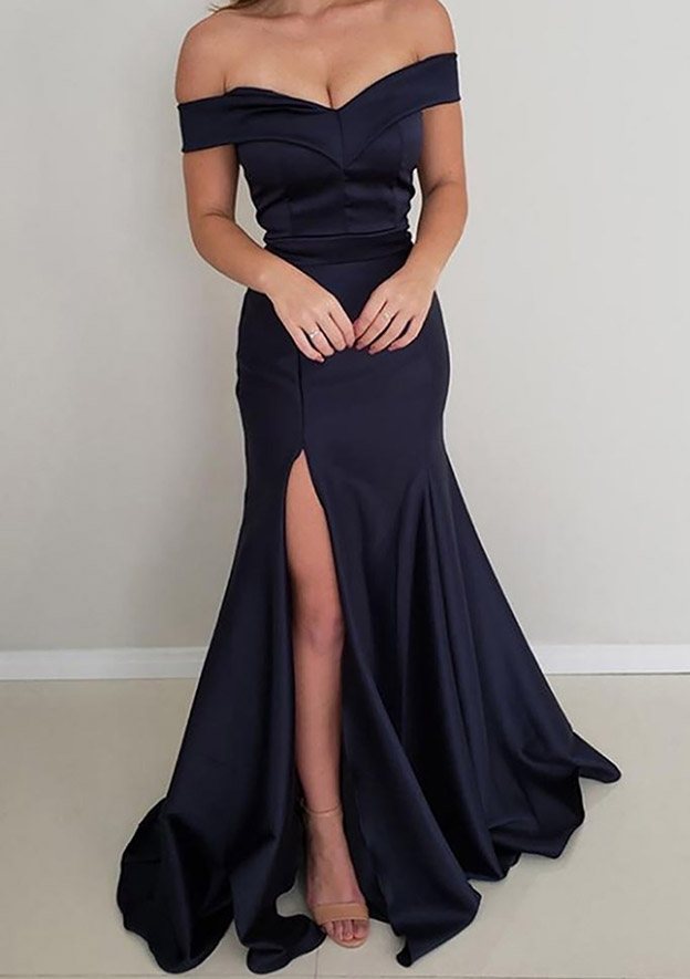 TingPo Wholesale Trumpet/Mermaid Off-the-Shoulder Sleeveless Satin Long/Floor-Length Prom Dress