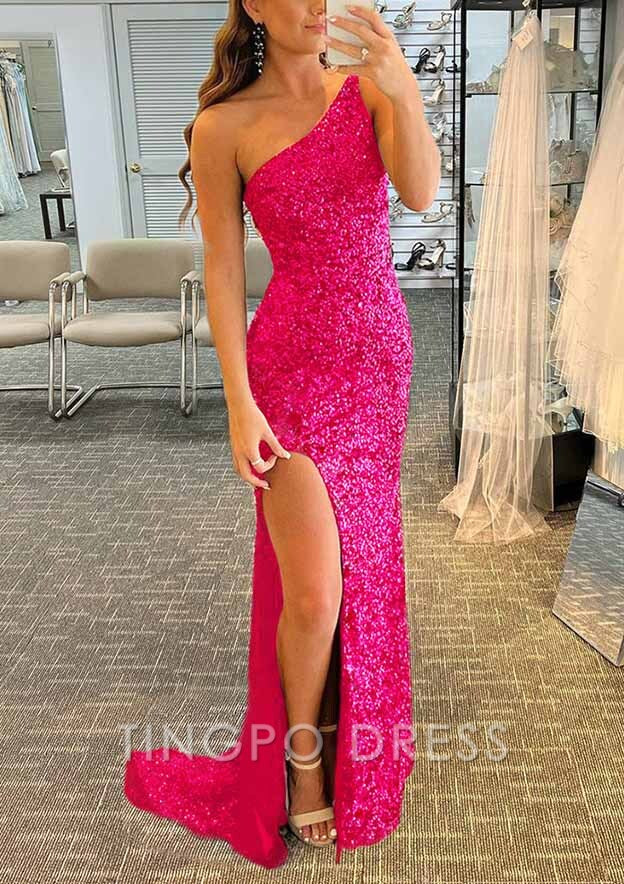 TingPo Wholesale Trumpet/Mermaid One-Shoulder Sleeveless Sparkling Allover Sequined Prom Dress With Split