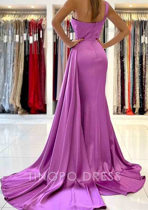 TingPo Wholesale Trumpet/Mermaid One-Shoulder Sleeveless Sweep Train Satin Prom Dress With Pleated