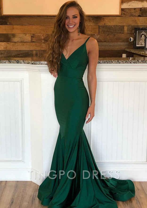 TingPo Wholesale Trumpet/Mermaid Sleeveless Sweep Train Charmeuse Prom Dress With Pleated
