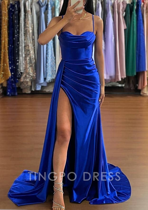 TingPo Wholesale Trumpet/Mermaid Sweetheart Sleeveless Sweep Train Silk like Satin Ruched Prom Dress