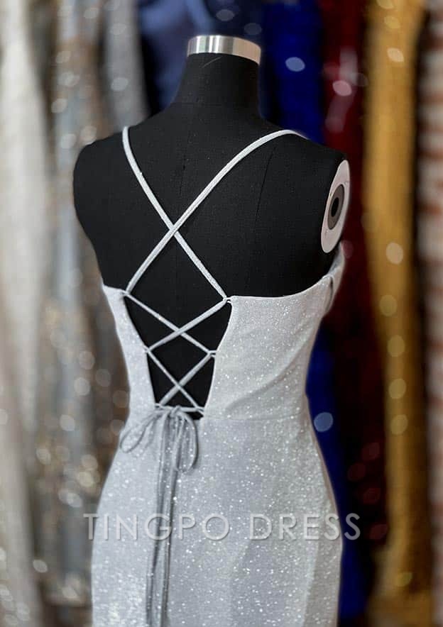 TingPo Wholesale Trumpet/Mermaid Sweetheart Spaghetti Straps Sweep Train Glitter Prom Dress With Pleated Split