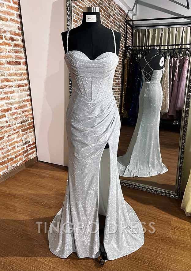 TingPo Wholesale Trumpet/Mermaid Sweetheart Spaghetti Straps Sweep Train Glitter Prom Dress With Pleated Split
