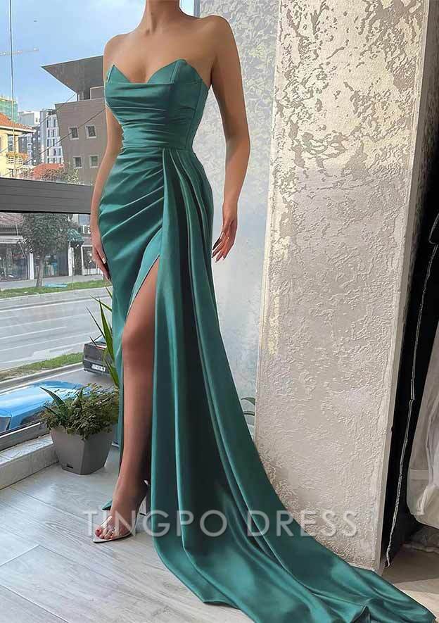 TingPo Wholesale Trumpet/Mermaid Sweetheart Strapless Court Train Satin Prom Dress With Pleated Split