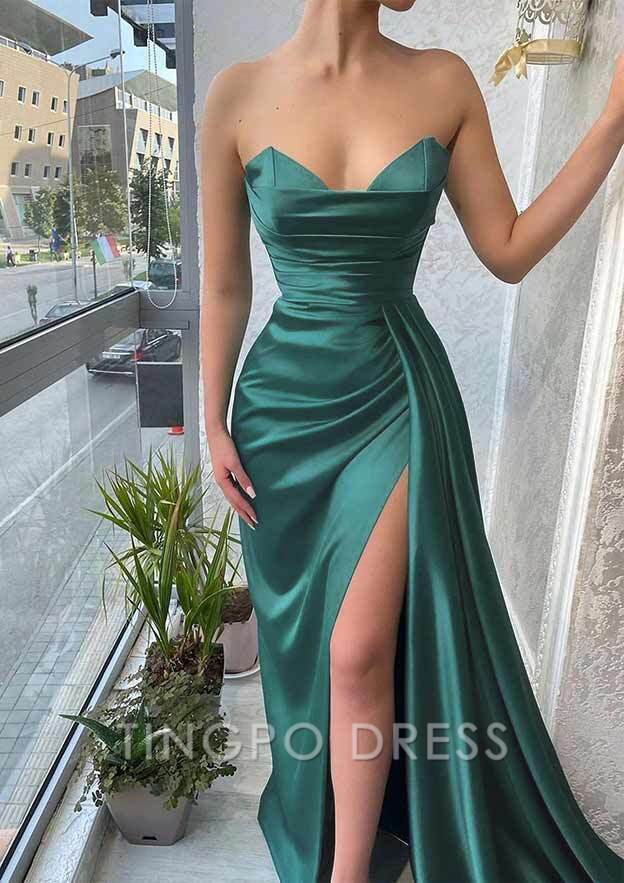 TingPo Wholesale Trumpet/Mermaid Sweetheart Strapless Court Train Satin Prom Dress With Pleated Split