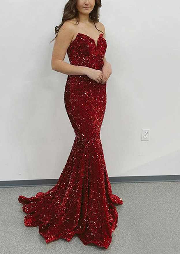 TingPo Wholesale Trumpet/Mermaid Sweetheart Strapless Sweep Train Velvet Sequins Prom Dress