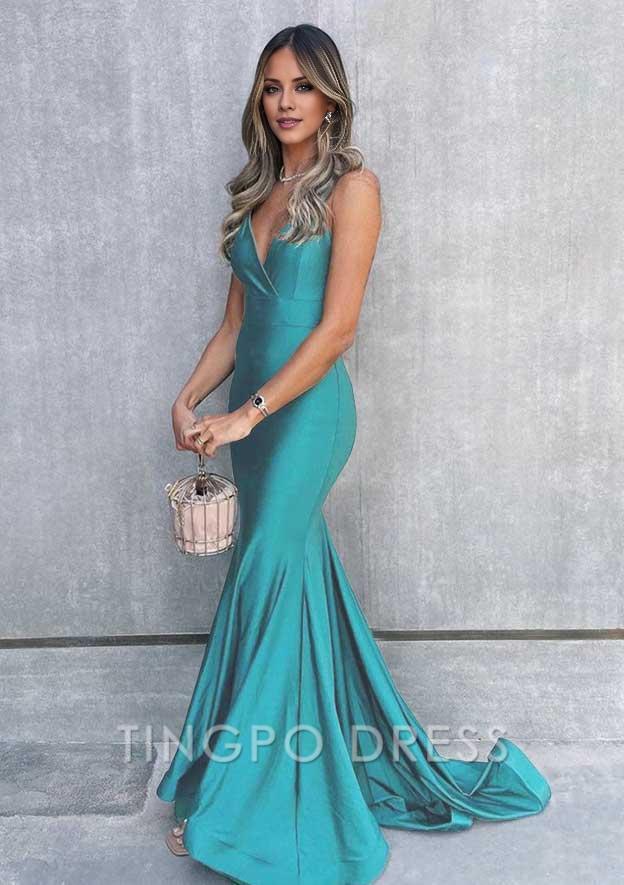 TingPo Wholesale Trumpet/Mermaid V Neck Sleeveless Sweep Train Jersey Prom Dress
