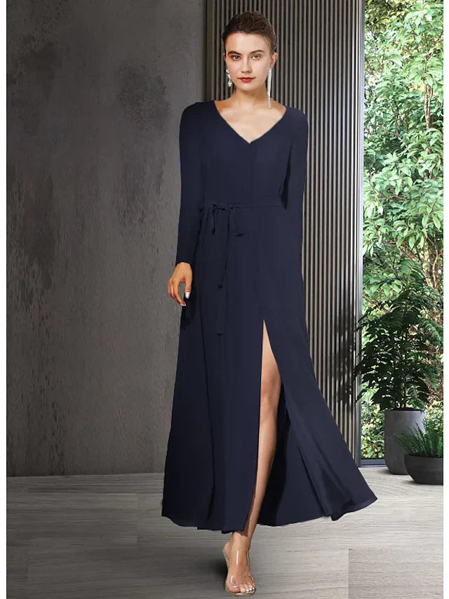 Wholesale Mother of the Bride Dress Elegant V Neck Ankle Length Chiffon Long Sleeve with Bow(s) Split Front
