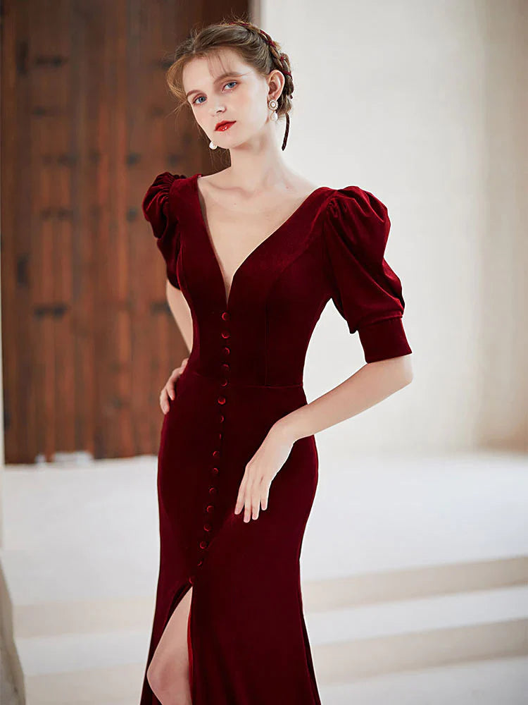 Wholesale Burgundy V-neck Short Sleeve Velvet Mermaid Long Formal Prom Dress